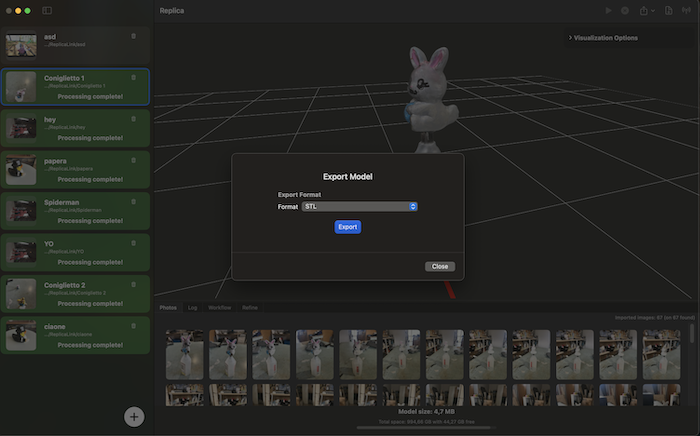 Replica export panel with the model ready for STL export