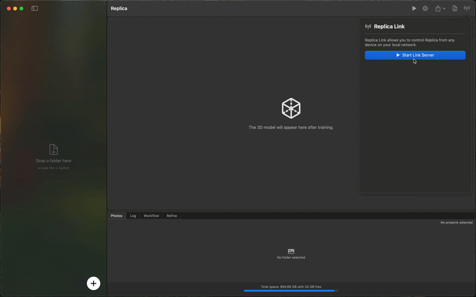 Starting the Replica Link server from the Link panel